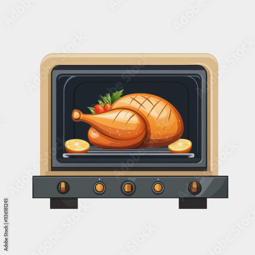 Flat icon of a Rotisserie oven featuring a perfectly roasted turkey on a stylish toaster for culinary and kitchen design concepts photo