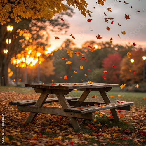 wooden table in park with falling leaves colorful