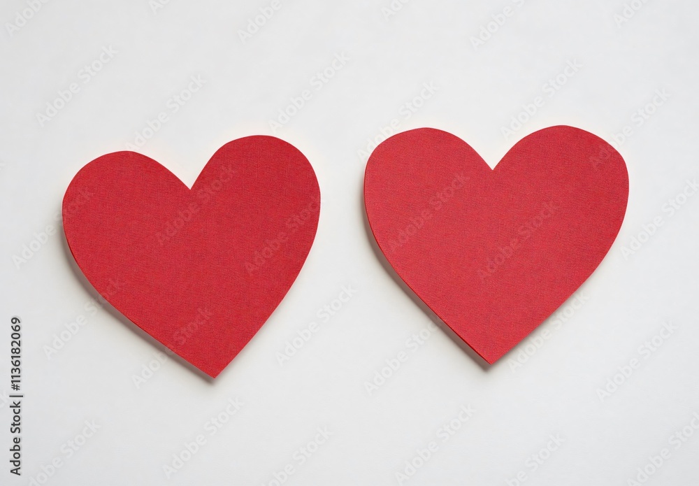 Two Red Paper Hearts on White Background Valentine's Day Two Red Paper Hearts on White Background Valentine's Day