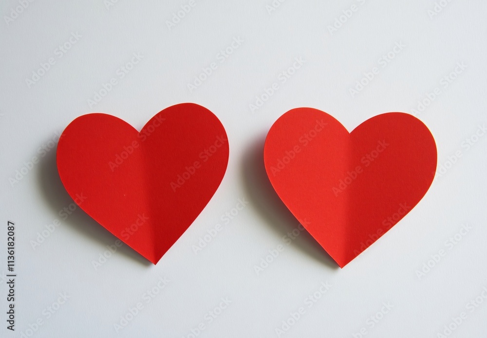 Two Red Paper Hearts on White Background Romantic Love Valentine Two Red Paper Hearts on White Background Romantic Love Valentine