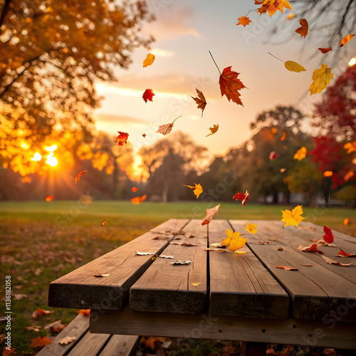 wooden table in park with falling leaves colorful