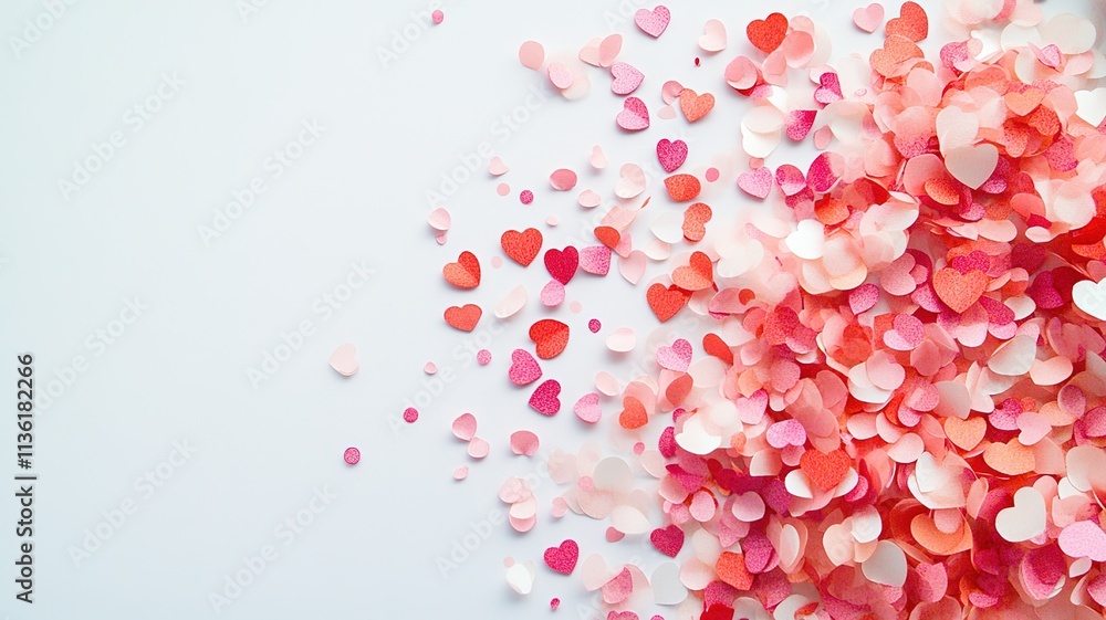 Valentine's Day Background with Pink and Red Hearts on White, Flat Lay Vector Illustration, Cute Pastel-Colored Heart-Shaped Confetti Flying in Air, Romantic Design Elements, Love Concept Art, Bright Valentine's Day Background with Pink and Red Hearts on White, Flat Lay Vector Illustration, Cute Pastel-Colored Heart-Shaped Confetti Flying in Air, Romantic Design Elements, Love Concept Art, Bright