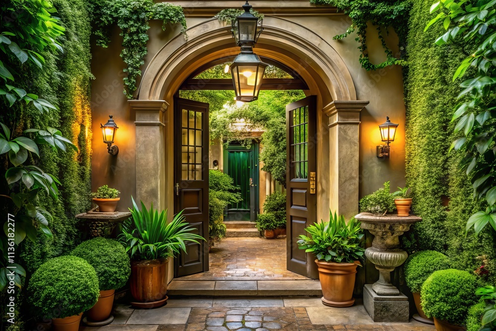 Inviting Entrance with Architectural Features and Natural Surroundings, Perfect for Showcasing Doorways, Pathways, or Building Entrances in a Captivating Setting Inviting Entrance with Architectural Features and Natural Surroundings, Perfect for Showcasing Doorways, Pathways, or Building Entrances in a Captivating Setting