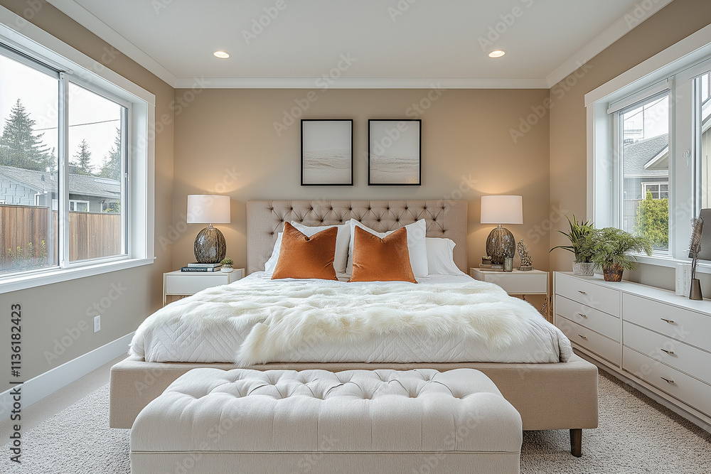 Fototapeta premium Photographie immobilière d'une chambre d'invités contemporaine élégante et confortable avec lit queen-size