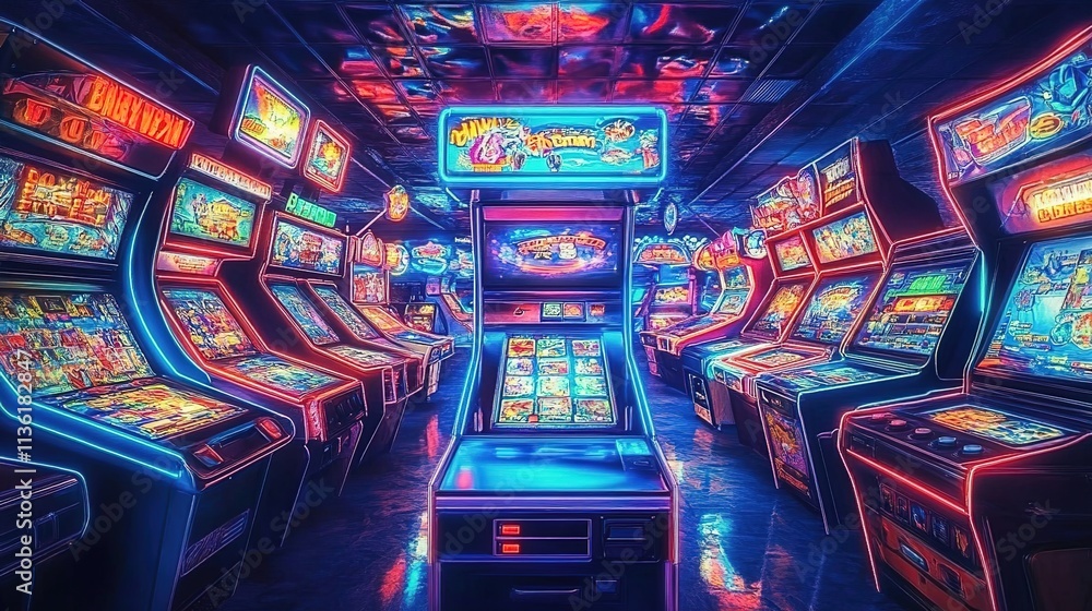 An arcade filled with glowing retro video game cabinets, with bright lights and colorful screens. An arcade filled with glowing retro video game cabinets, with bright lights and colorful screens.