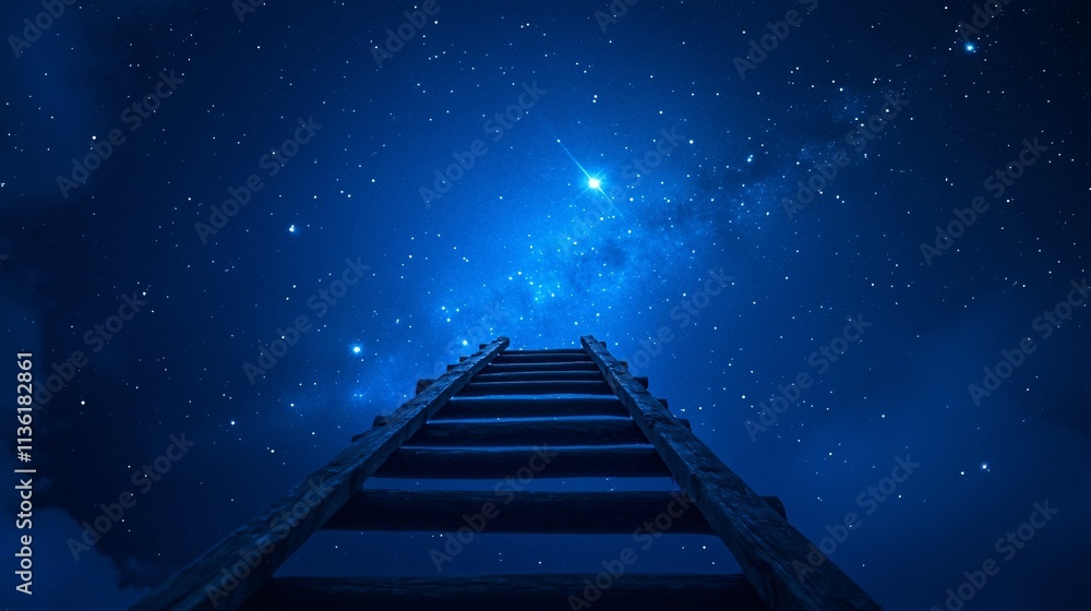Ladder leading to the sky with stars and clouds. 3D rendering. Ladder leading to the sky with stars and clouds. 3D rendering.