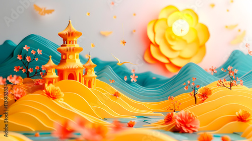 Vibrant 3d landscape with pagoda and blossoms in sunrise