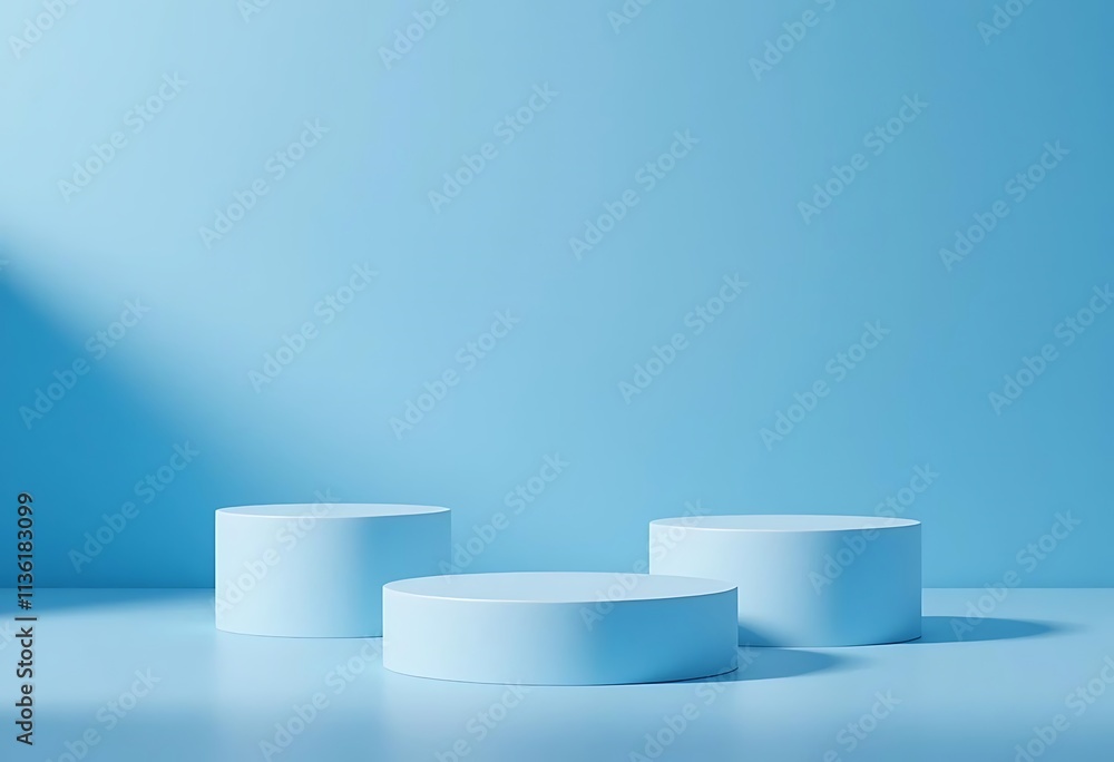 Round and square podiums on a blue background with shadows, 3d render Round and square podiums on a blue background with shadows, 3d render