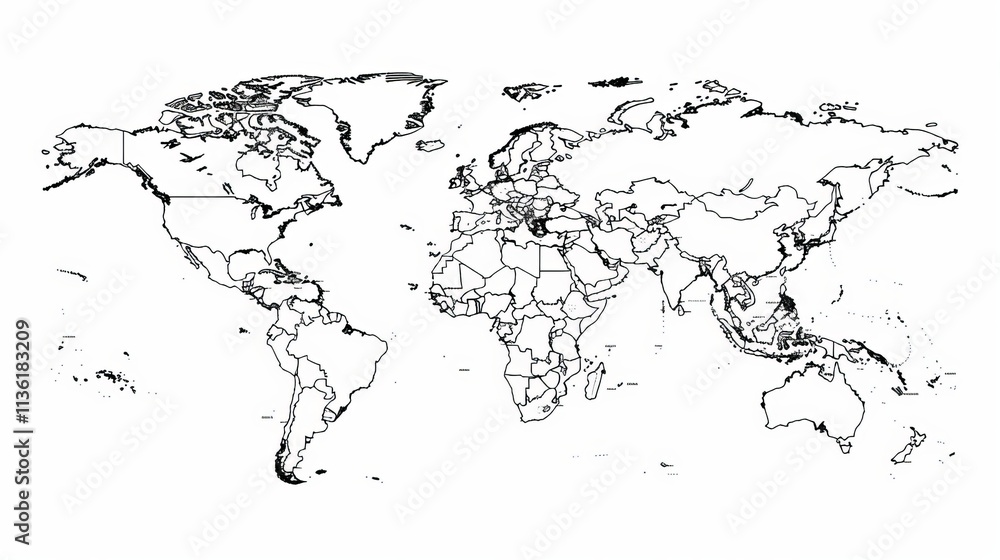 Minimalistic world map with unlabeled borders on a clean white background for design purposes Minimalistic world map with unlabeled borders on a clean white background for design purposes