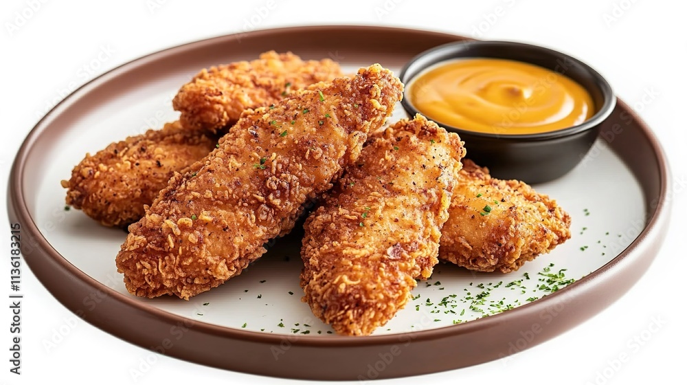 A plate of breaded chicken strips with mustard on the side, against a white background A plate of breaded chicken strips with mustard on the side, against a white background