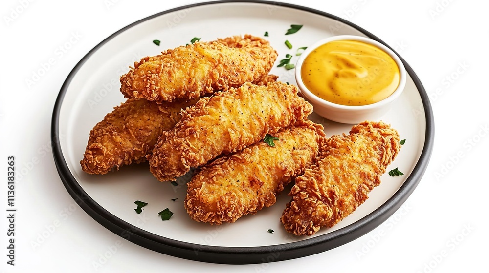 A plate of breaded chicken strips with mustard on the side, against a white background A plate of breaded chicken strips with mustard on the side, against a white background