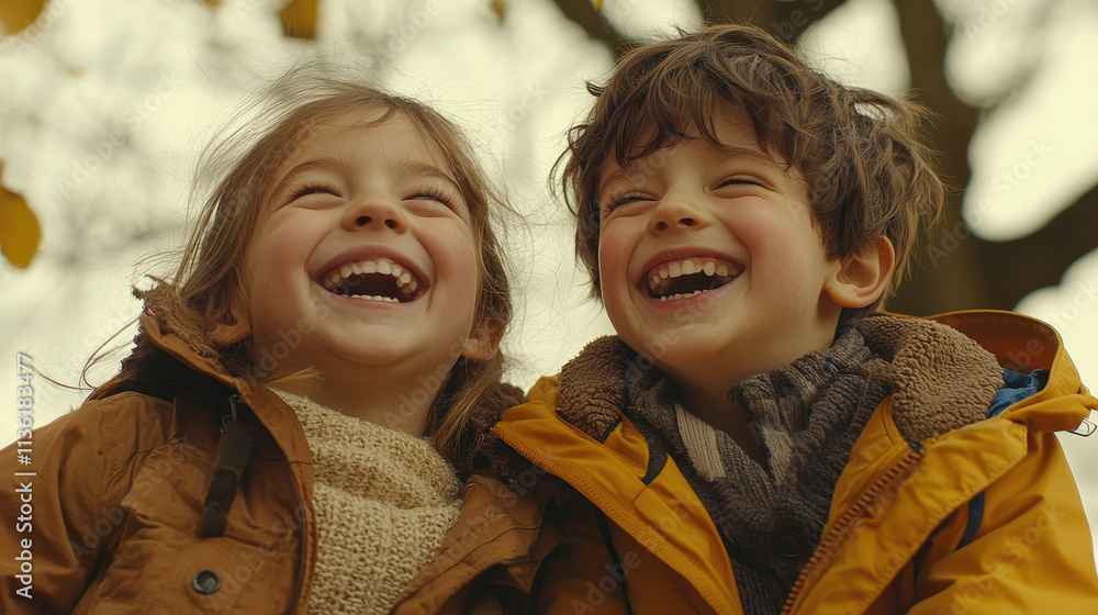 Siblings laughing and playing outdoors, enjoying joyful moment together. Their expressions radiate happiness and warmth in natural setting Siblings laughing and playing outdoors, enjoying joyful moment together. Their expressions radiate happiness and warmth in natural setting