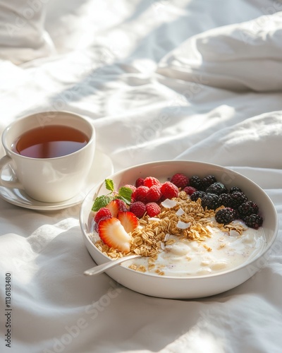 A cozy breakfast scene featuring yogurt, granola, fresh berries, and tea on a bed.