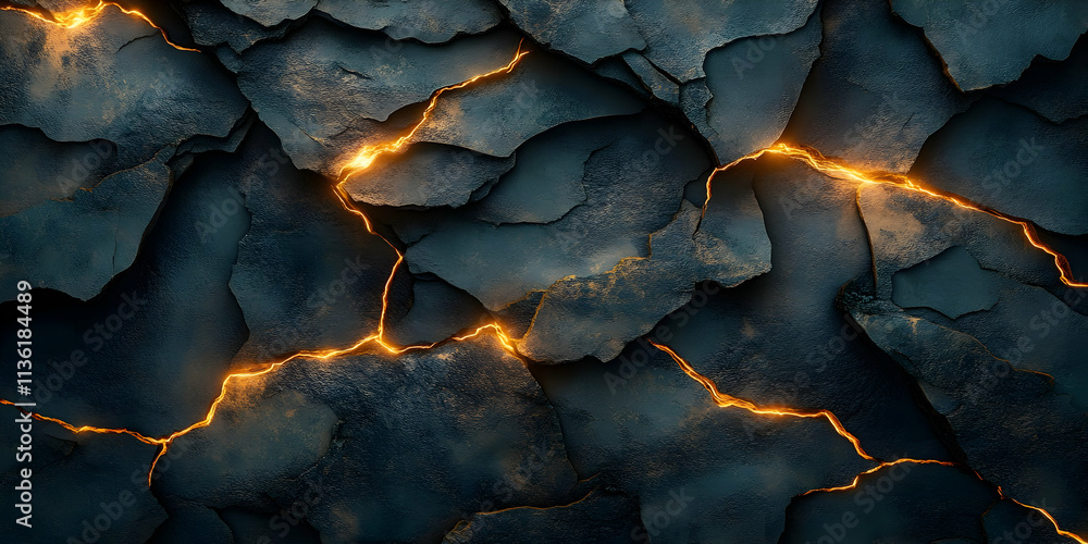 Glowing cracks in dark, textured stone. Glowing cracks in dark, textured stone.