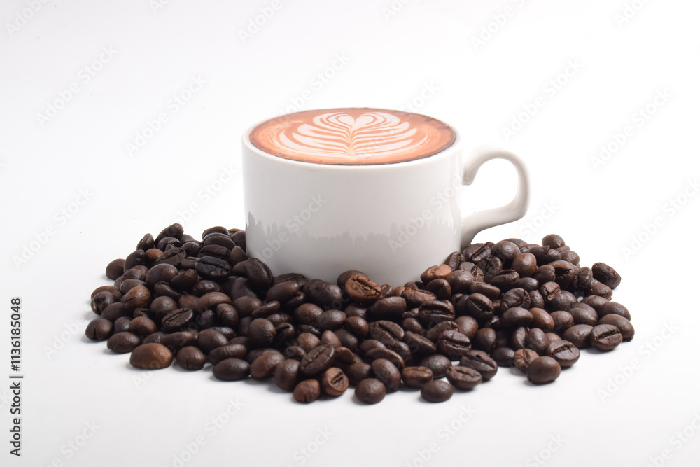 Coffee with Latte Art and Coffee Beans Isolated on White Background Coffee with Latte Art and Coffee Beans Isolated on White Background