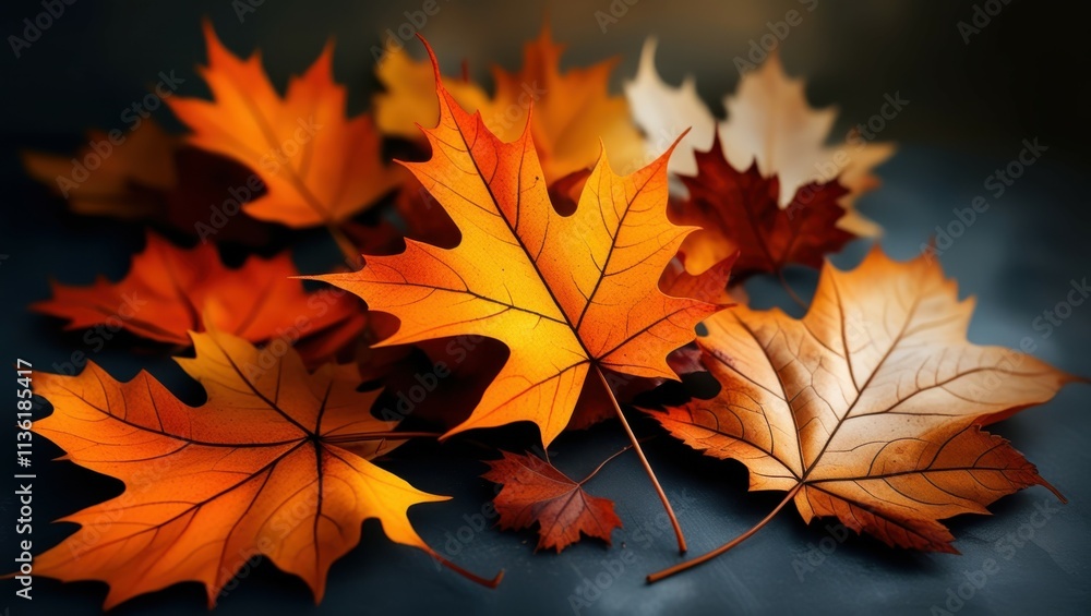 autumn leaves, vibrant orange maple leaf, macro photography, shallow depth of field, warm colors, dramatic lighting, high contrast, dark background, fall foliage, detailed leaf veins, bokeh effect, na autumn leaves, vibrant orange maple leaf, macro photography, shallow depth of field, warm colors, dramatic lighting, high contrast, dark background, fall foliage, detailed leaf veins, bokeh effect, na