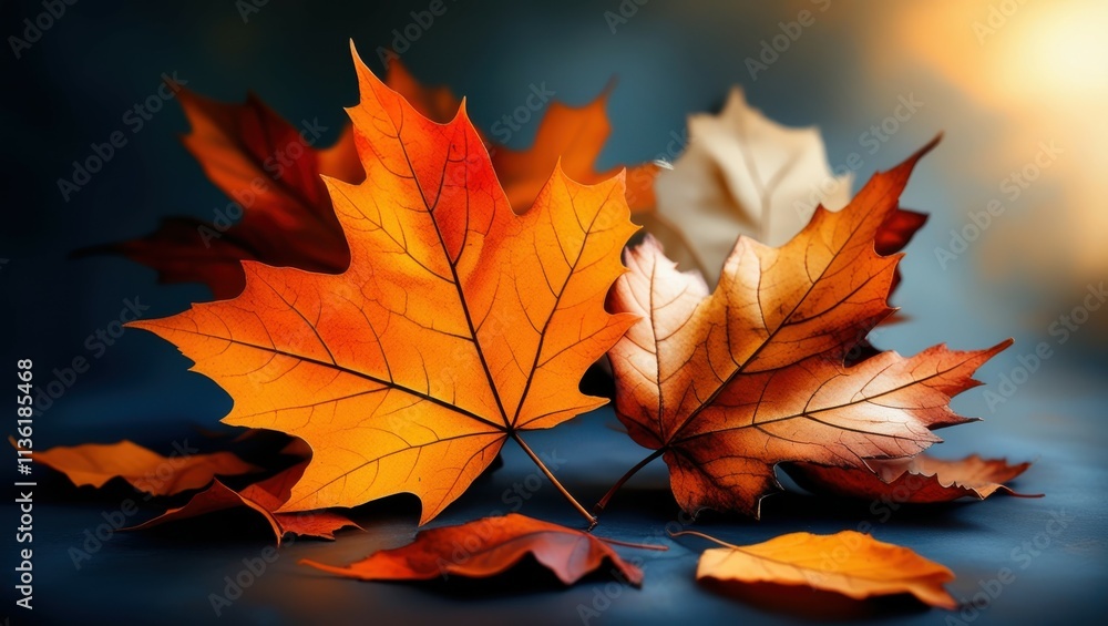 Fototapeta premium autumn leaves, vibrant orange maple leaf, macro photography, shallow depth of field, warm colors, dramatic lighting, high contrast, dark background, fall foliage, detailed leaf veins, bokeh effect, na