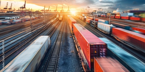 Aerial view of cargo freight train with containers at railway station. Cargo freight transportation.