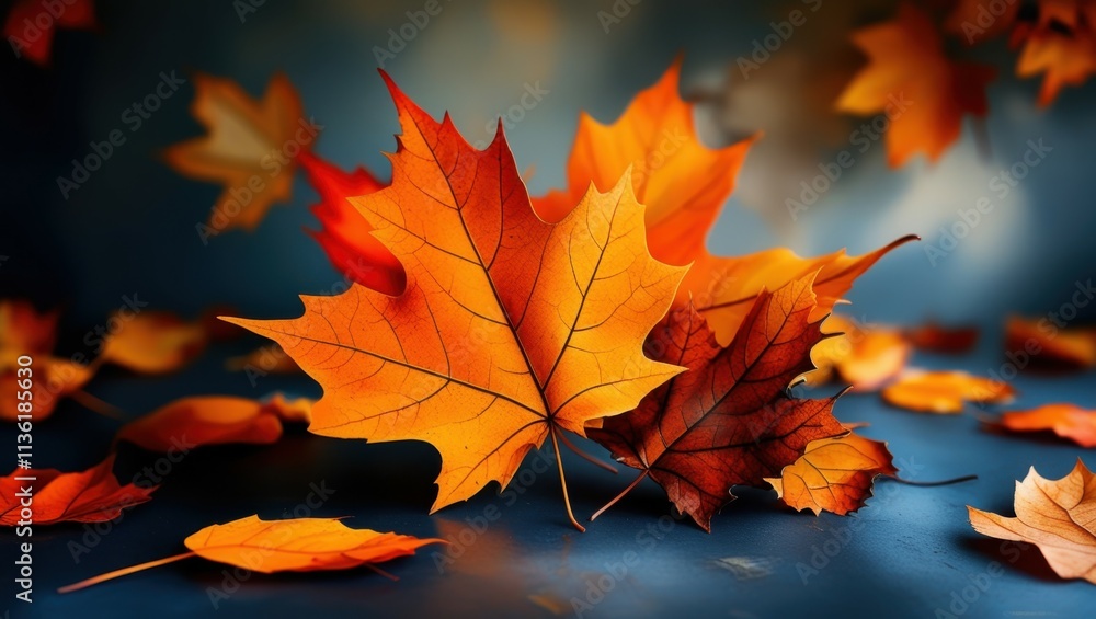 autumn leaves, vibrant orange and red, maple leaves, dark background, dramatic lighting, close-up photography, shallow depth of field, high contrast, moody atmosphere, detailed leaf textures, seasonal autumn leaves, vibrant orange and red, maple leaves, dark background, dramatic lighting, close-up photography, shallow depth of field, high contrast, moody atmosphere, detailed leaf textures, seasonal