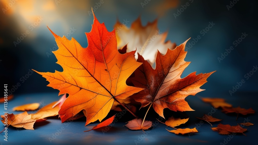 autumn leaves, vibrant orange and red, maple leaves, dark background, dramatic lighting, close-up photography, shallow depth of field, high contrast, moody atmosphere, detailed leaf textures, seasonal autumn leaves, vibrant orange and red, maple leaves, dark background, dramatic lighting, close-up photography, shallow depth of field, high contrast, moody atmosphere, detailed leaf textures, seasonal