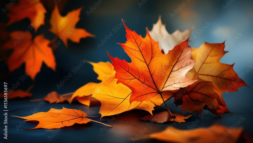 autumn leaves, vibrant orange and red, maple leaves, dark background, dramatic lighting, close-up photography, shallow depth of field, high contrast, moody atmosphere, detailed leaf textures, seasonal autumn leaves, vibrant orange and red, maple leaves, dark background, dramatic lighting, close-up photography, shallow depth of field, high contrast, moody atmosphere, detailed leaf textures, seasonal
