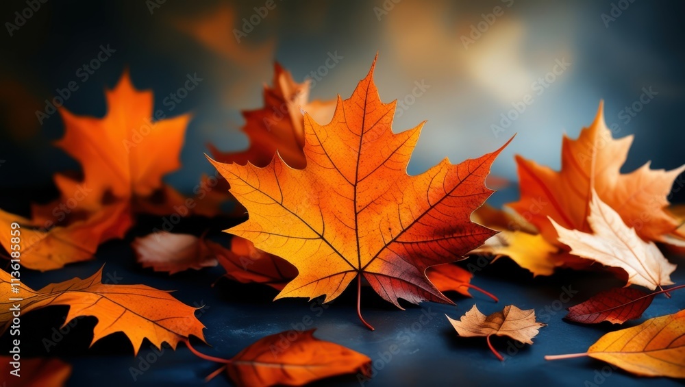 autumn leaves, vibrant orange and red, maple leaves, dark background, dramatic lighting, close-up photography, shallow depth of field, high contrast, moody atmosphere, detailed leaf textures, seasonal autumn leaves, vibrant orange and red, maple leaves, dark background, dramatic lighting, close-up photography, shallow depth of field, high contrast, moody atmosphere, detailed leaf textures, seasonal