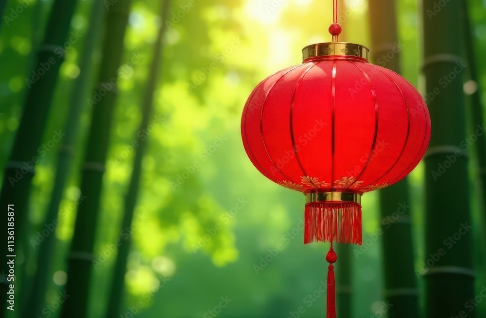 Fototapeta premium Blank Red Lantern in Bamboo Forest
