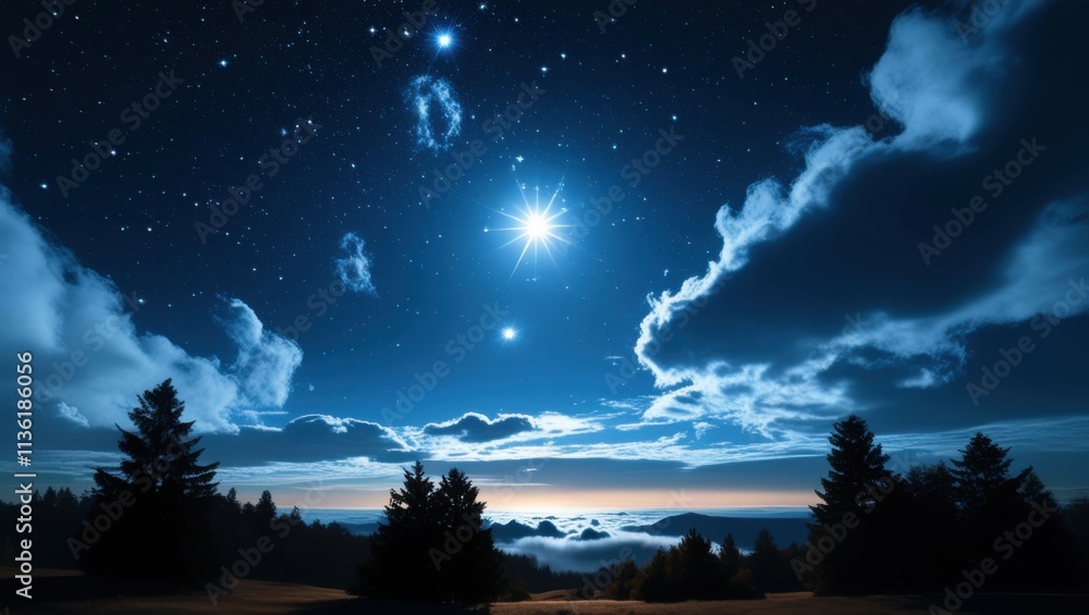 Night sky, starry night, full moon, glowing clouds, silhouette trees, dramatic lighting, cosmic landscape, ethereal atmosphere, deep blue hues, twilight horizon, celestial beauty, mystical scenery, dr Night sky, starry night, full moon, glowing clouds, silhouette trees, dramatic lighting, cosmic landscape, ethereal atmosphere, deep blue hues, twilight horizon, celestial beauty, mystical scenery, dr