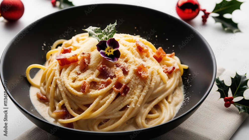 Delicious pasta dish with cream sauce and bacon festive table setting culinary delight Delicious pasta dish with cream sauce and bacon festive table setting culinary delight