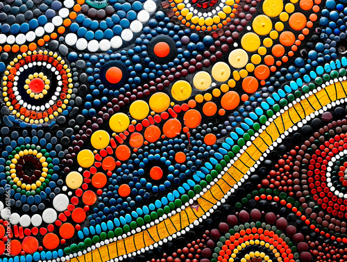 Colorful aboriginal dot painting with vibrant geometric patterns and cultural symbols photo