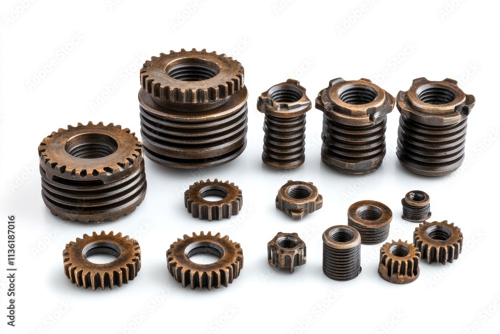 Collection of various sized brass threaded inserts and gears isolated on white Collection of various sized brass threaded inserts and gears isolated on white