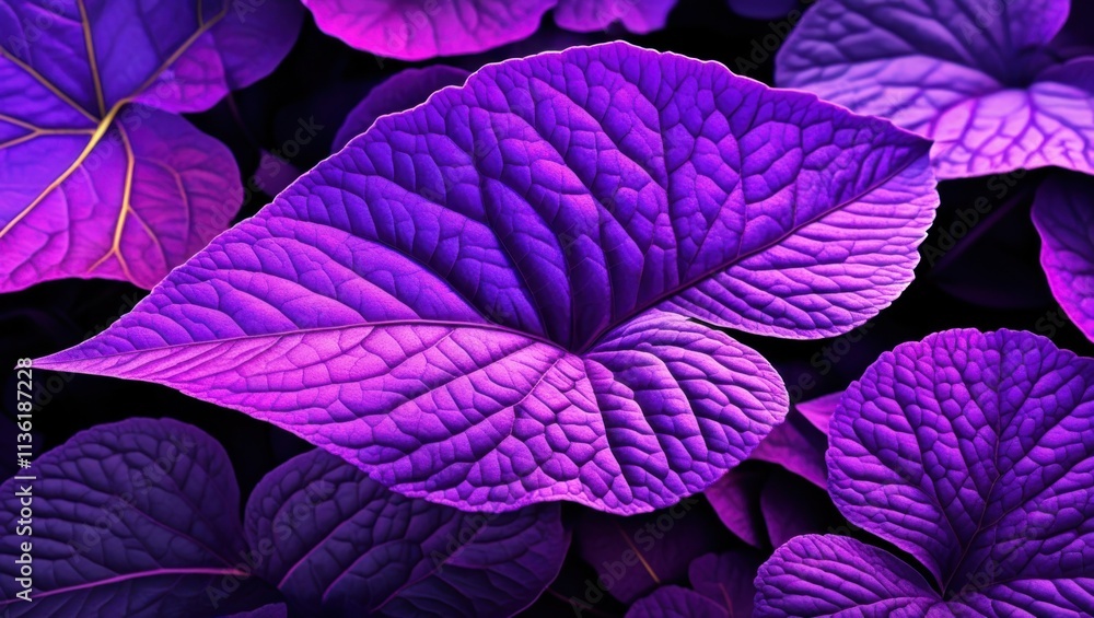 Fototapeta premium Vibrant purple leaves, Intricate leaf veins, Glowing neon foliage, Macro photography, Dark background, Bioluminescent plants, Ultraviolet flora, Alien botanical, Psychedelic nature, High contrast, Sat