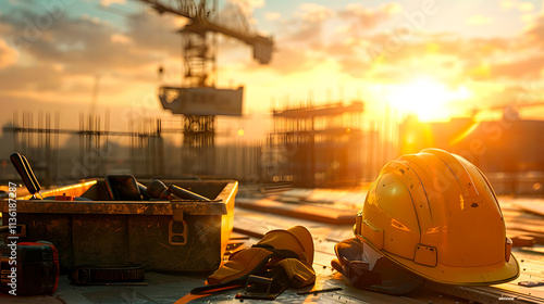 Construction site at sunset: tools and hard hat reflecting industry's golden hour photo