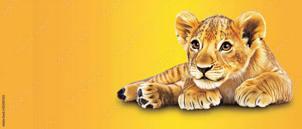 Obraz premium Cute Lion Cub Relaxing on a Bright Yellow Background