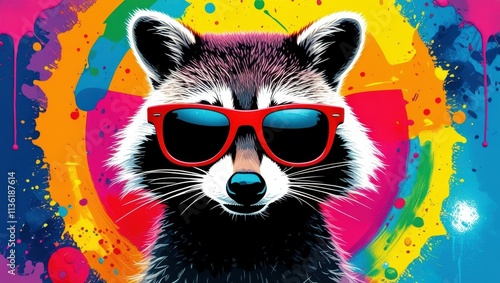 Colorful raccoon portrait, sunglasses, vibrant paint splatter background, neon colors, pop art style, digital illustration, psychedelic, fun, whimsical, animal art, cool animal, urban wildlife, contra