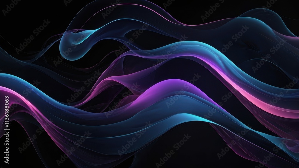 Glowing neon waves in blue, pink and purple streams on a deep black background. The effect of movement and energy, minimalist style. Glowing neon waves in blue, pink and purple streams on a deep black background. The effect of movement and energy, minimalist style.