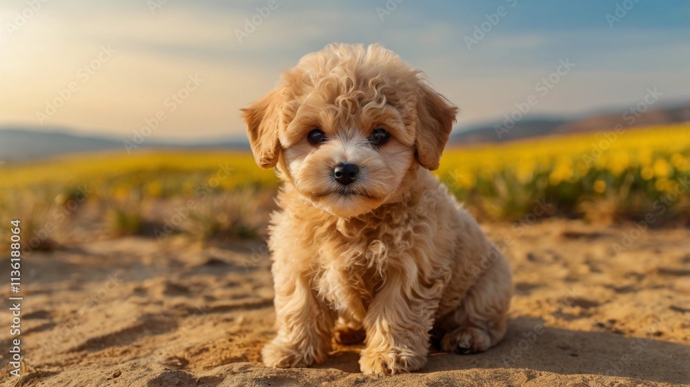 cute maltipoo puppy posing sitting on the sand with bokeh background cute maltipoo puppy posing sitting on the sand with bokeh background