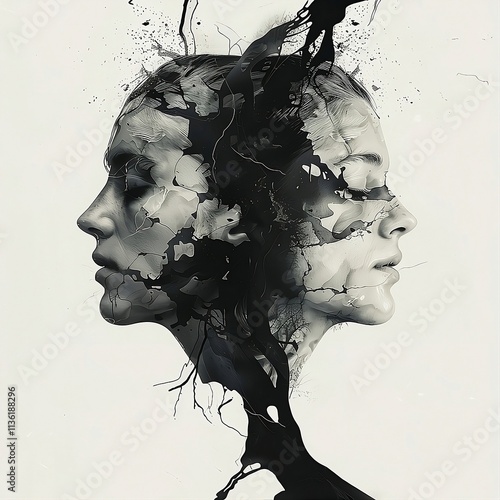Black and white double face. Bipolar mental disorder, split personality, mood disorder, and dual personality concept.