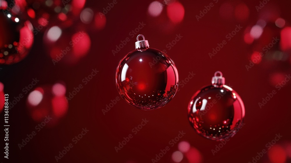 Fototapeta premium A collection of shiny red Christmas baubles floating against a deep red background, designed to evoke the magic and beauty of the season.