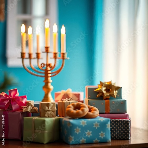 Image of jewish holiday Hanukkah with menorah (traditional candelabra) and gifts photo