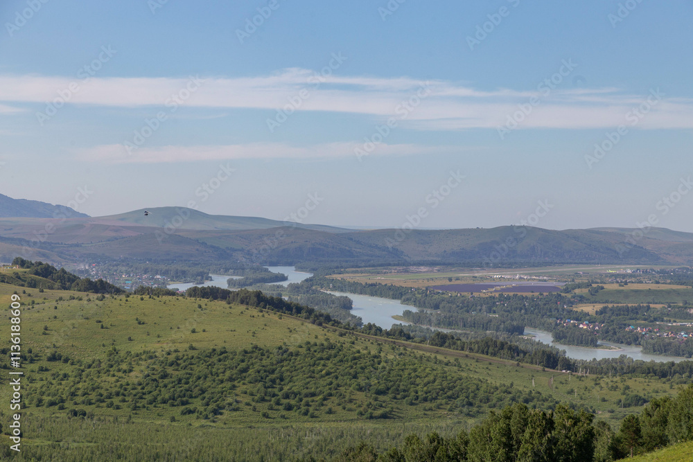 Fototapeta premium Beautiful view from the Devil's finger peak (or Damn finger rock) to the Katun river. Aya nature park, on the border between the Altai territory and Altai republic, Russia