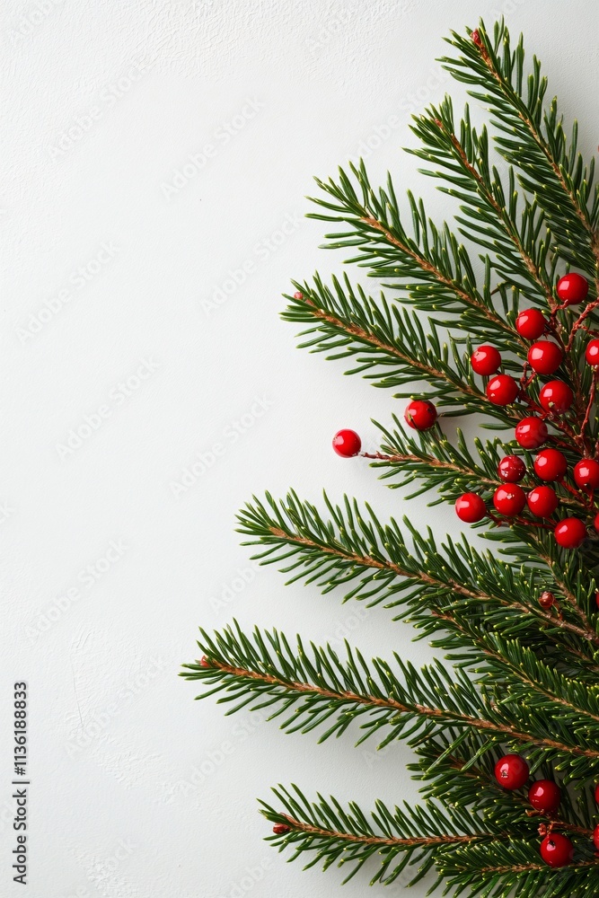 Christmas Festive Greenery: Red Berries and Pine Branches on White Background Christmas Festive Greenery: Red Berries and Pine Branches on White Background