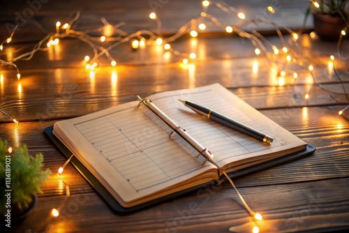 Low Light Photography of an Elegant Weekly and Daily Scheduler with Soft Glowing Lights, a Pen, and Notes on a Desk, Creating a Calm and Organized Atmosphere for Productivity photo