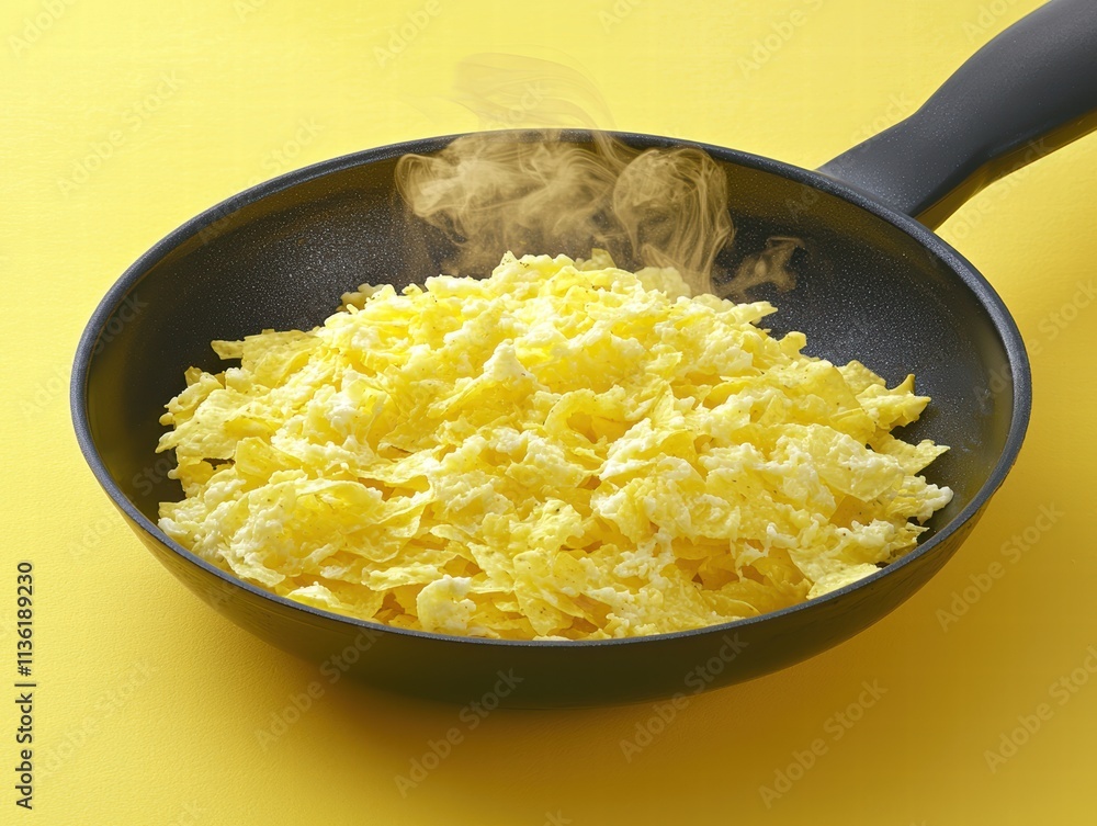 Freshly Cooked Scrambled Eggs in Pan with Steam on Yellow Background Freshly Cooked Scrambled Eggs in Pan with Steam on Yellow Background
