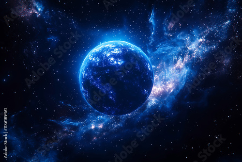 A planet in a radiant purple space setting with bright galaxies in the far distance