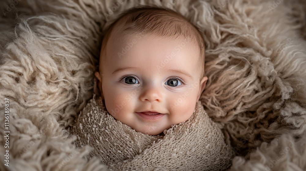 Smiling baby swaddled in fluffy beige fabric. Smiling baby swaddled in fluffy beige fabric.
