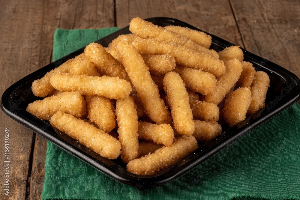 Crispy Golden Breaded Snacks on Black Plate with Green Cloth Crispy Golden Breaded Snacks on Black Plate with Green Cloth