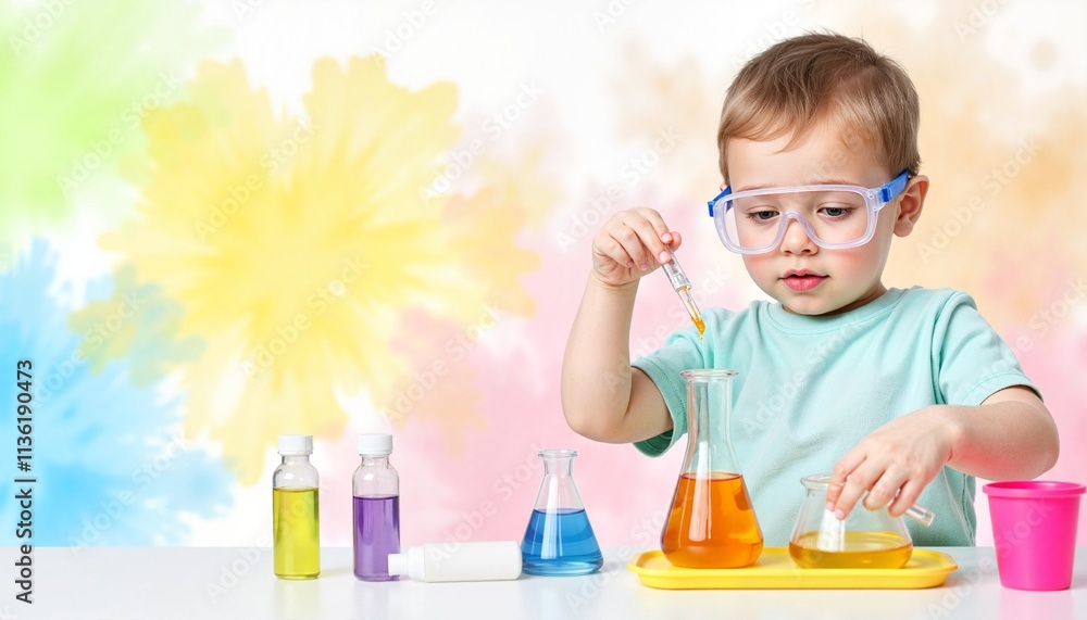 Focused young boy conducting colorful science experiment at table Focused young boy conducting colorful science experiment at table