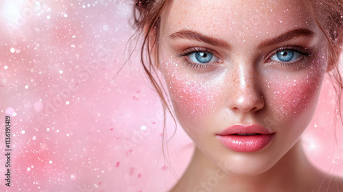 A young woman poses with a stunning makeup look featuring glitter and soft blush tones. Her striking blue eyes contrast beautifully against the dreamy pink backdrop.