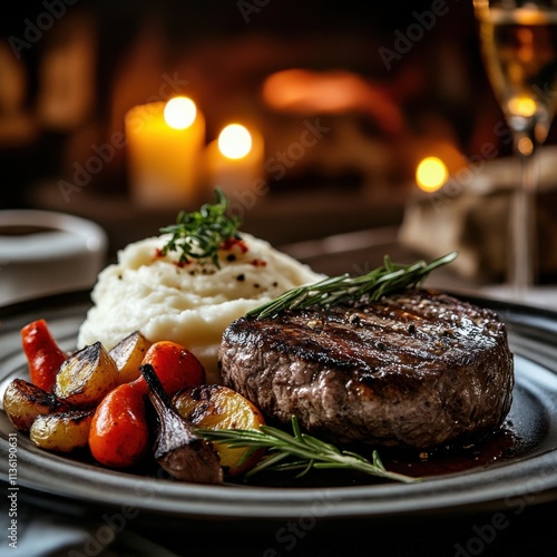 A sizzling steak cooked to perfection, served with roasted vegetables and mashed potatoes, Steak plate centered photo